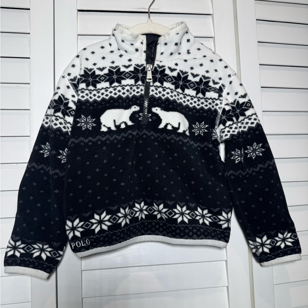 Polo Ralph Lauren Kids Black & White Fair Isle Patterned Fleece Pullover Size 5 - Picture 2 of 10